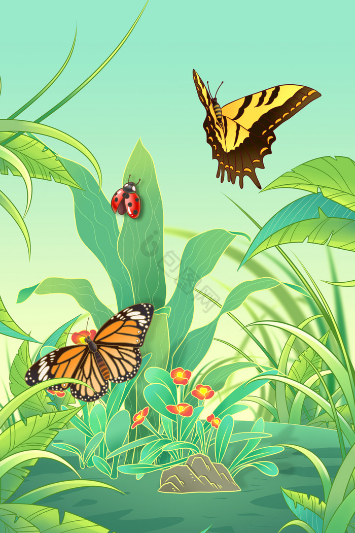 二十四节气惊蛰昆虫蝴蝶瓢虫草丛图片