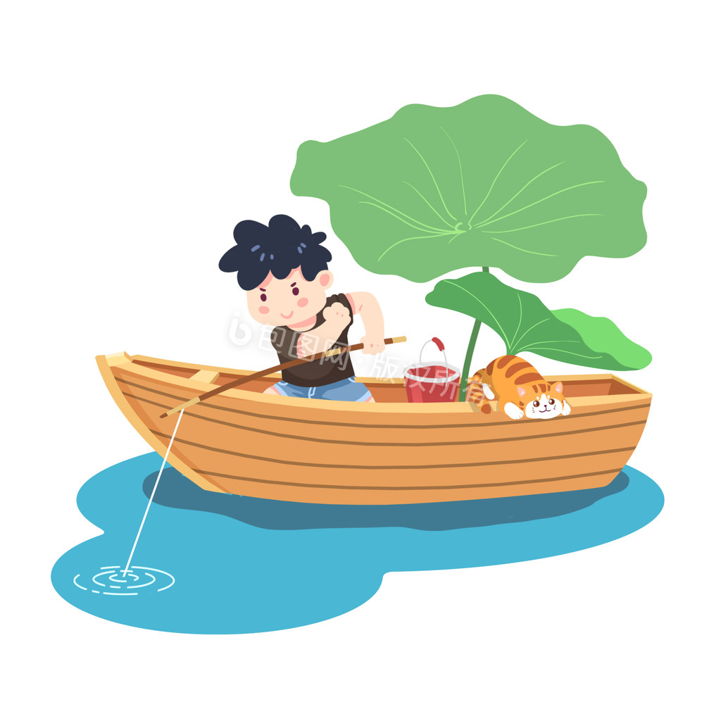 卡通男孩开小木船钓鱼动图GIF图片