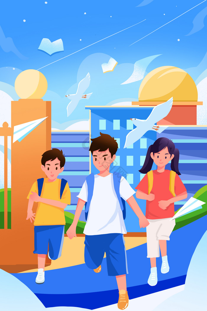 纯色青春开学季插画图片
