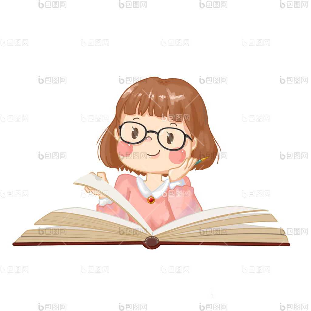 卡通小女孩看书思考gif动图下载-包图网