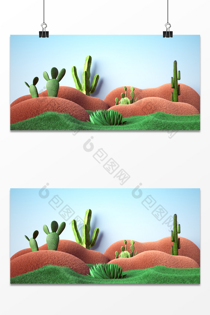 C4D绿草戈壁仙人掌毛绒场景图片图片