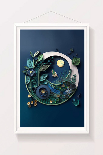 蓝色夜晚丛林月亮剪纸数字艺术图片