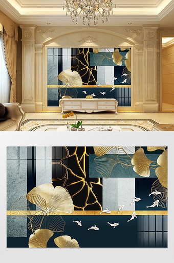 现代轻奢质感中国风银杏叶背景墙图片