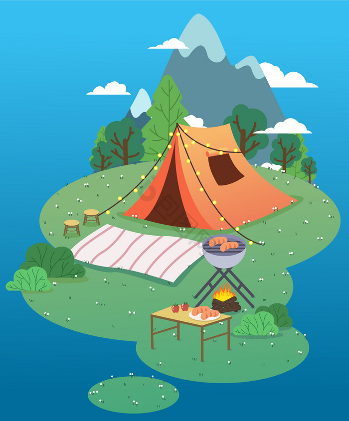 AI插画露营帐篷野餐烧烤树图片