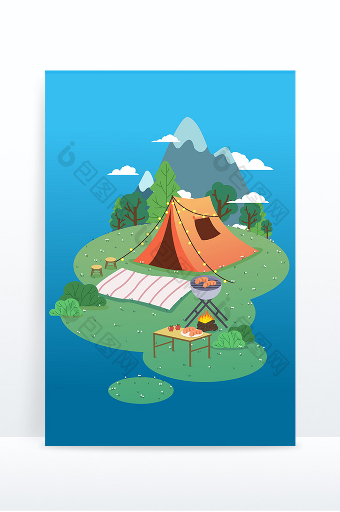 AI插画露营帐篷野餐烧烤树图片图片