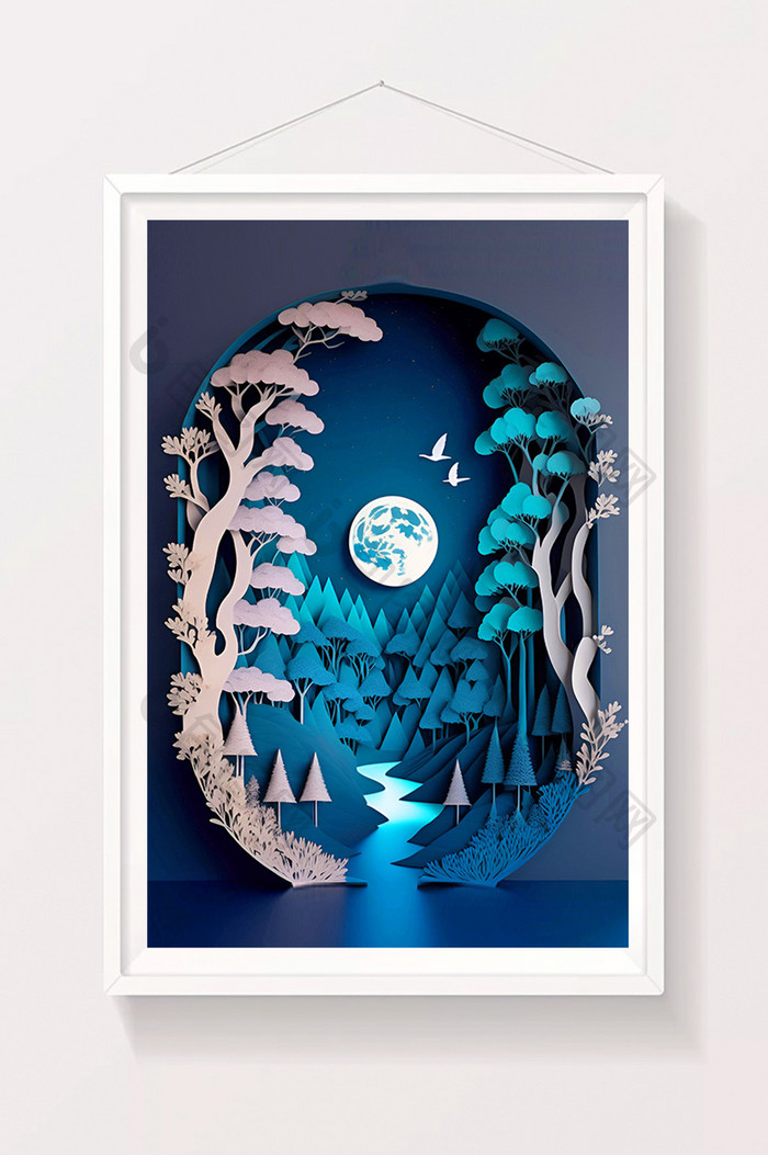 蓝色剪纸风月亮树林月色数字艺术
