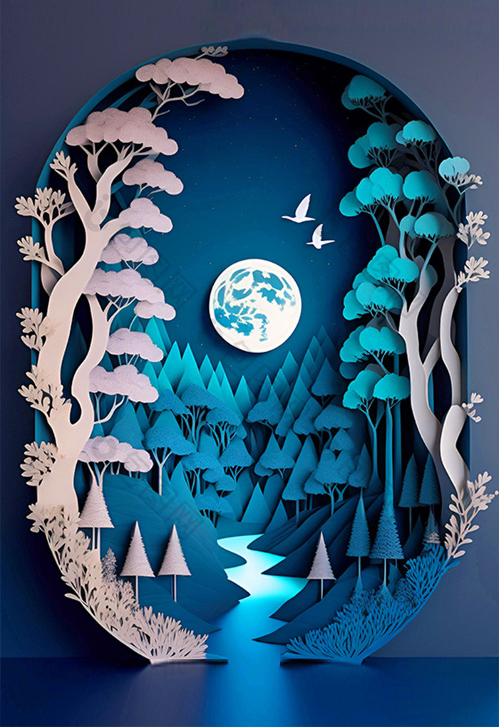 蓝色剪纸风月亮树林月色数字艺术