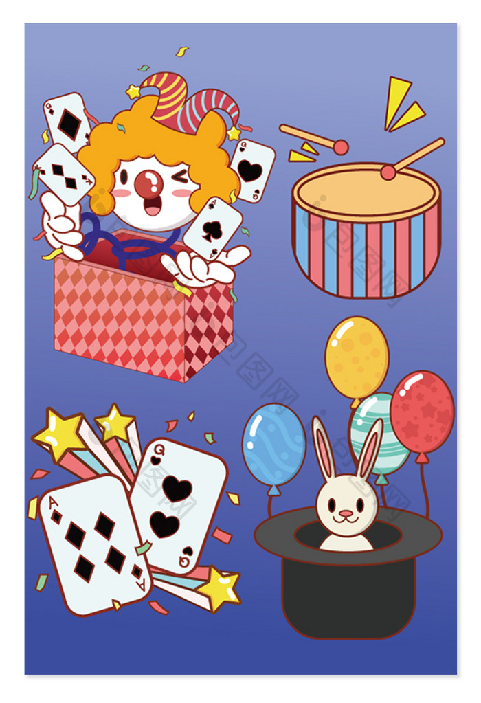 愚人节扑克牌小丑兔子气球鼓星星