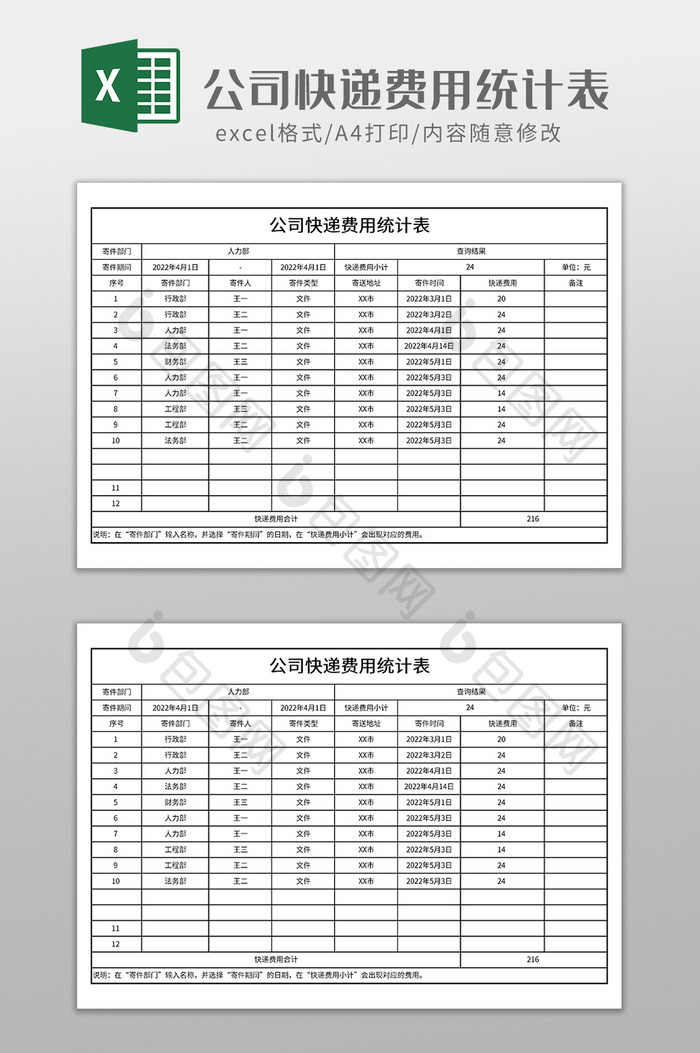 公司快递费用统计表