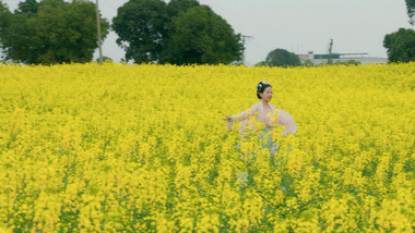 春季唯美菜花田美女奔跑实拍