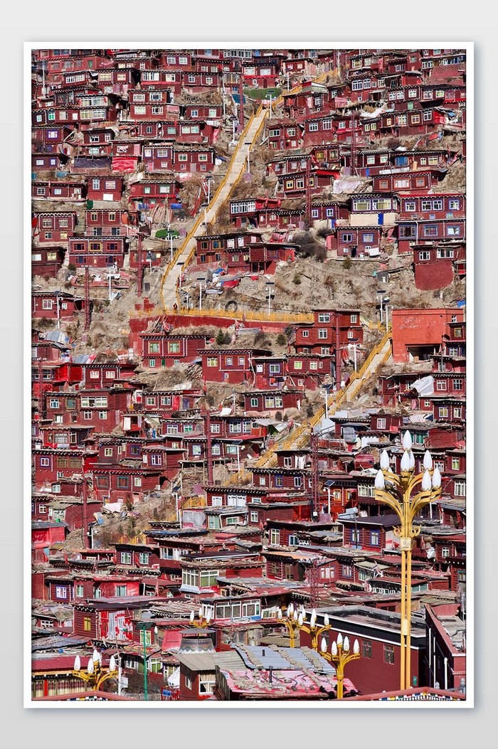 四川佛教圣地色达红色建筑摄影图片图片