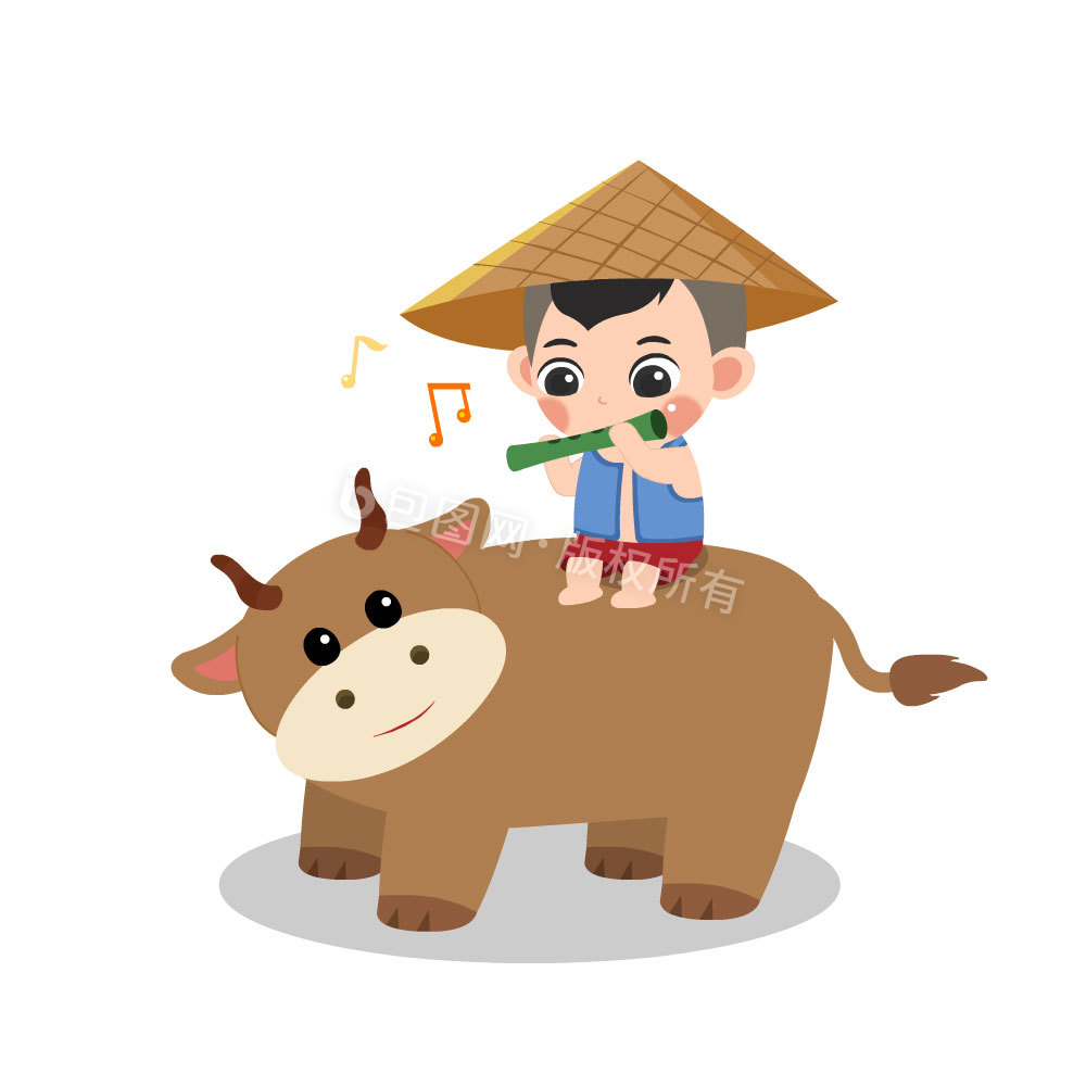 清明牧童骑着水牛吹笛子动图