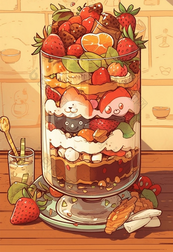 可爱甜点草莓杯子蛋糕儿童插画
