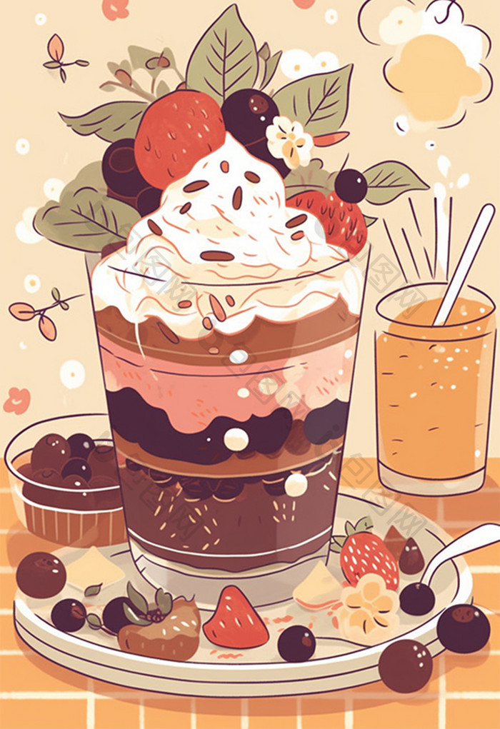 草莓杯子可爱甜点蛋糕插画