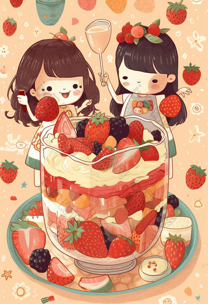 草莓蛋糕治愈插画
