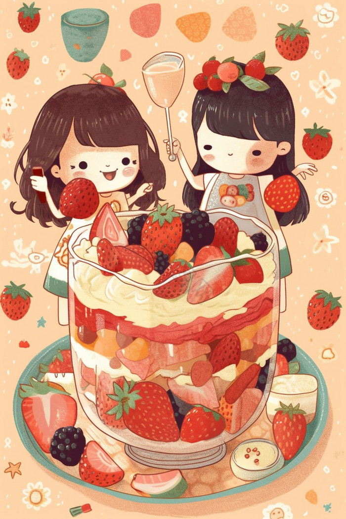 草莓蛋糕治愈插画图片