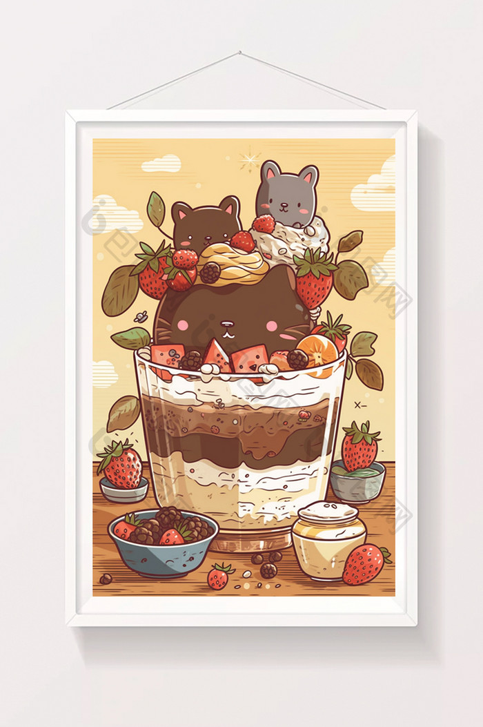 可爱草莓蛋糕治愈插画