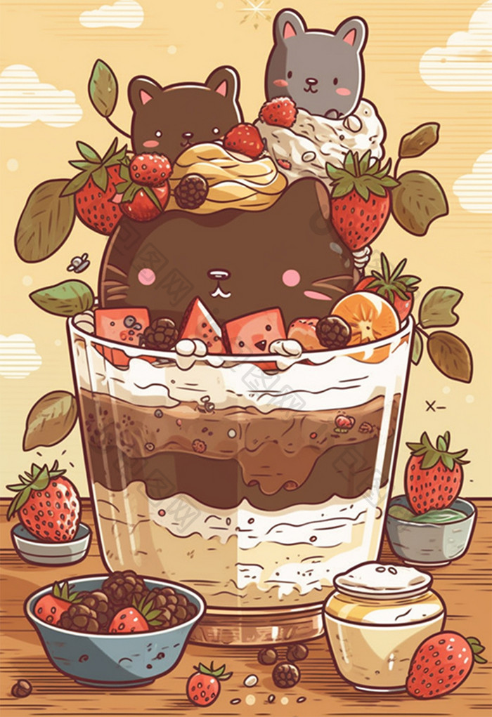 可爱草莓蛋糕治愈插画