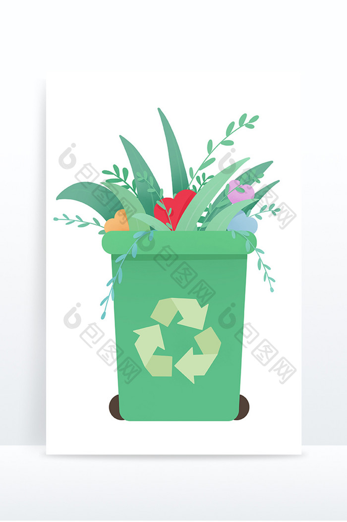 卡通绿色可回收垃圾桶环境日元素