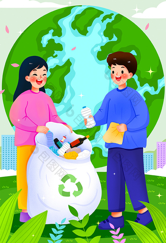 保护环境捡垃圾的青年插画