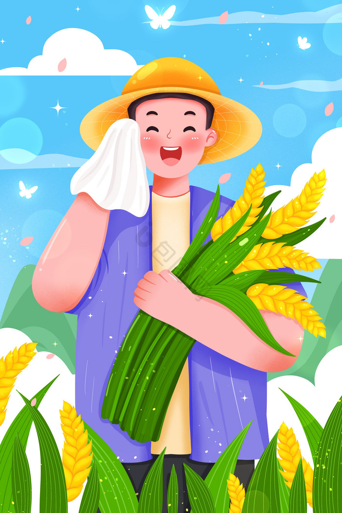 抱着麦子擦汗的农民插画图片