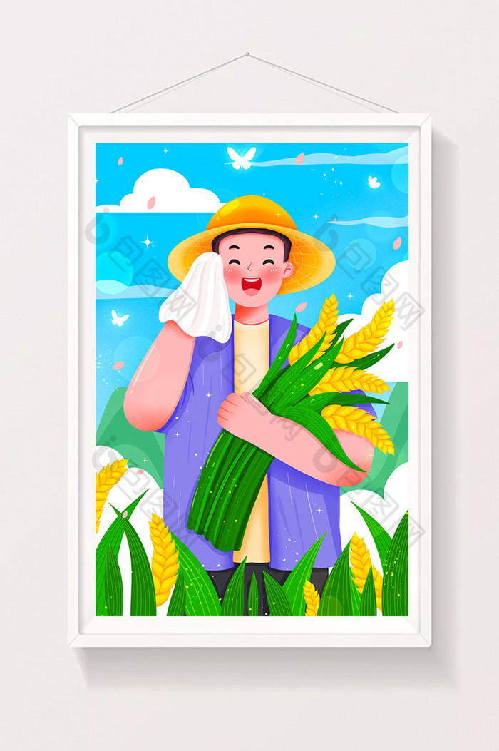 抱着麦子擦汗的农民插画图片图片