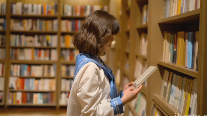 女孩在书店内看书阅读实拍视频