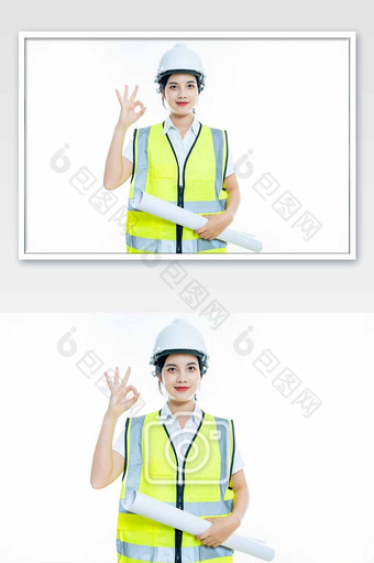 戴着安全帽拿着图纸的女工程师图片