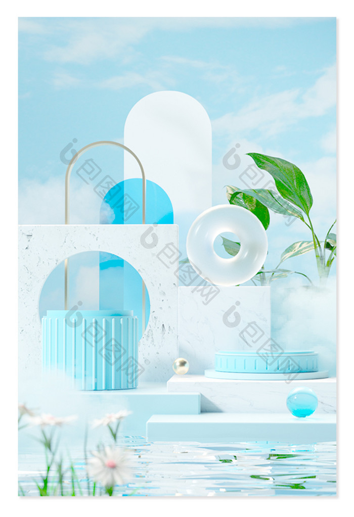 3D电商小清新蓝色植物立体展台