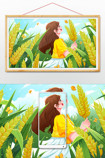 清新二十四节气小满小麦女孩插画图片