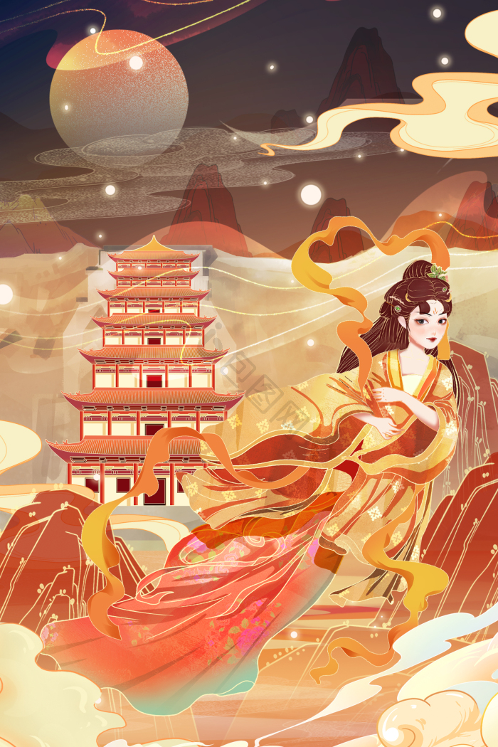 敦煌莫高窟美女插画图片-包图网