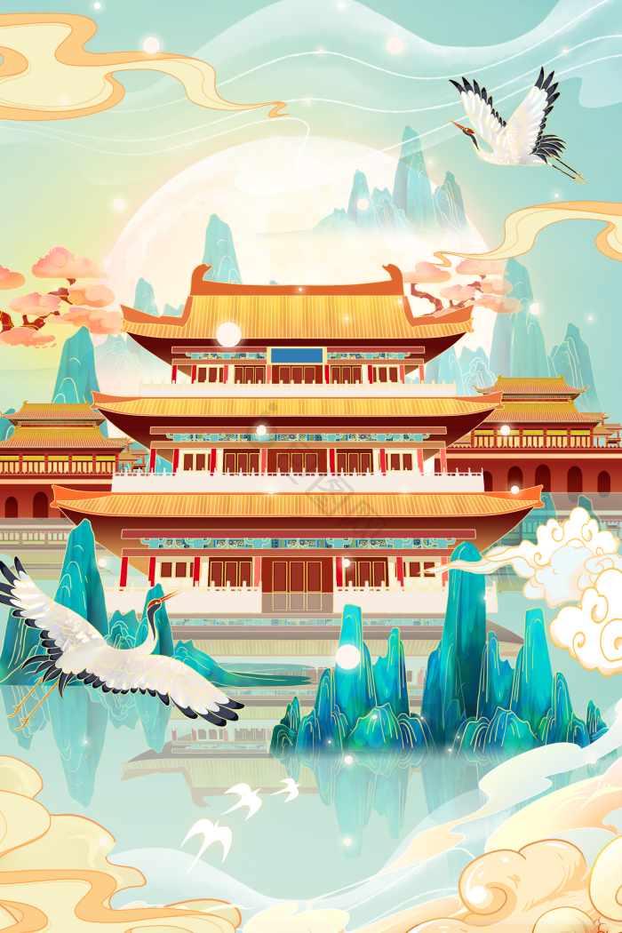 山水建筑景插画图片-包图网