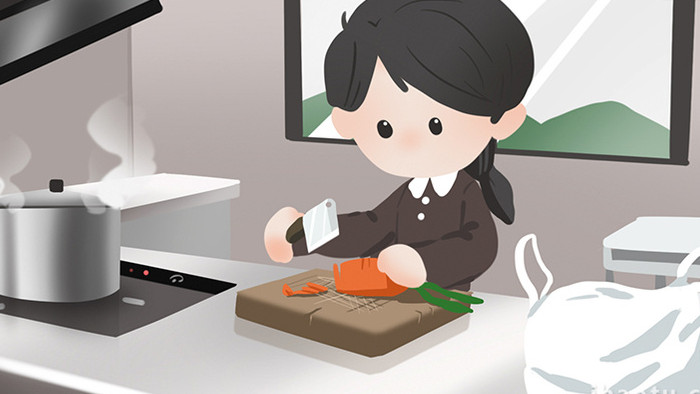 易用卡通mg动画女人厨房切菜