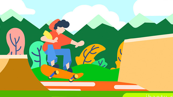 易用卡通mg动画男孩在公园滑板