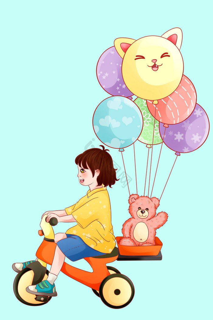 六一61儿童节小孩气球骑车熊图片