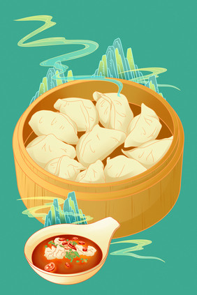 国潮风美食饺子手绘山云纹插画