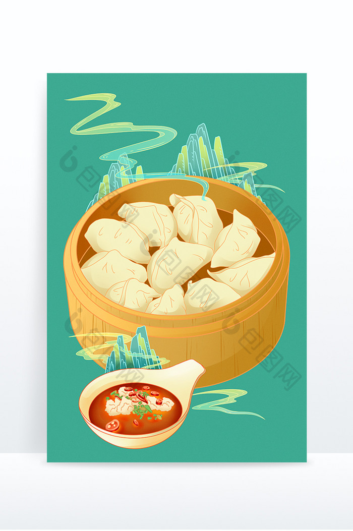 国潮风美食饺子手绘山云纹插画