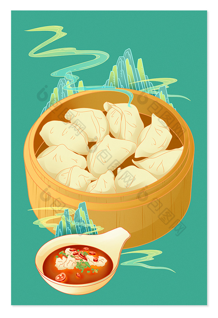 国潮风美食饺子手绘山云纹插画