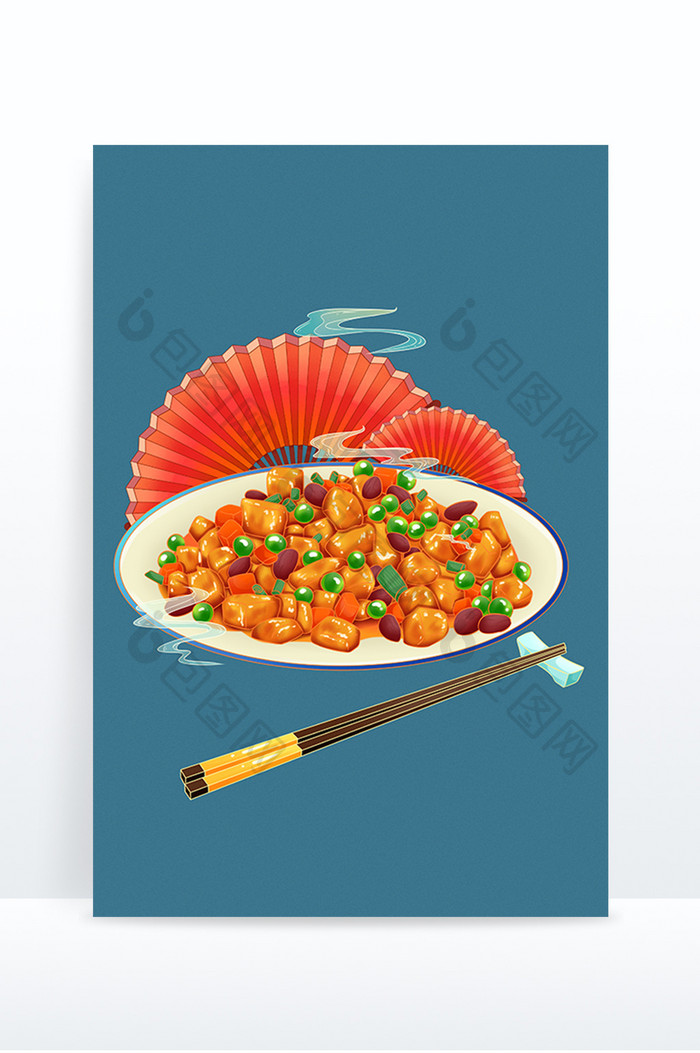 国潮风美食宫保鸡丁扇子云纹插画