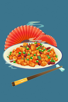 国潮风美食宫保鸡丁扇子云纹插画