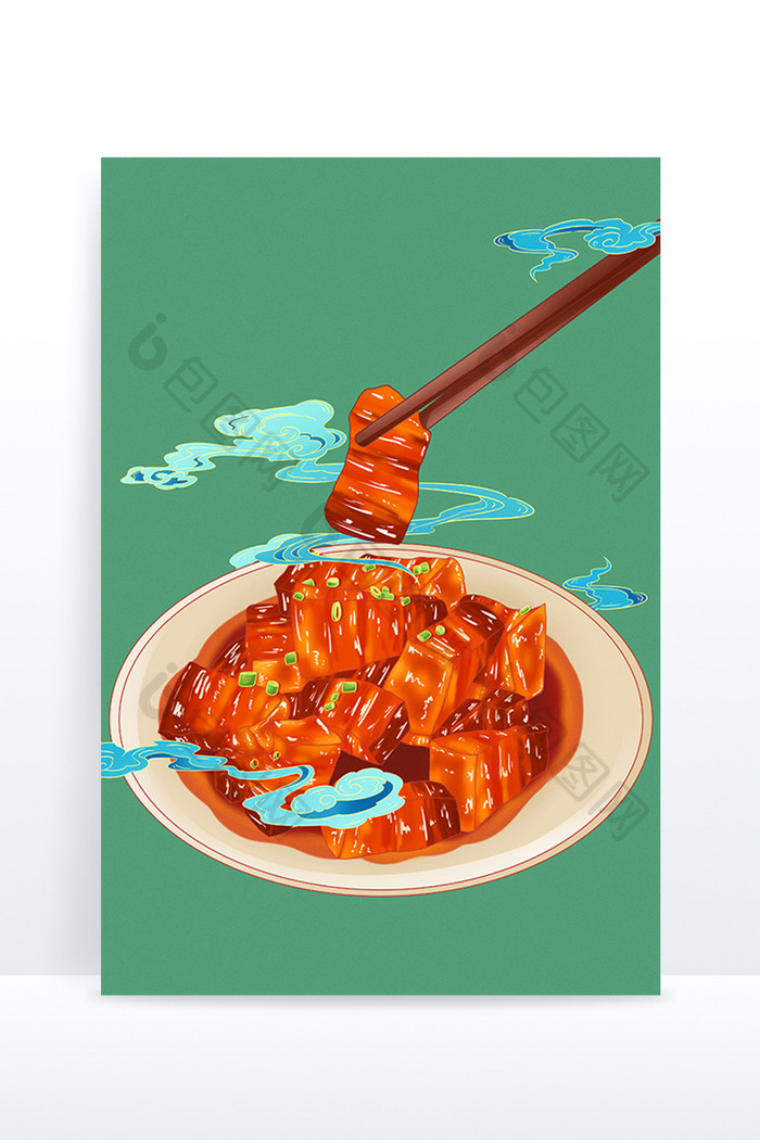 国潮风美食红烧肉夹起来云纹插画