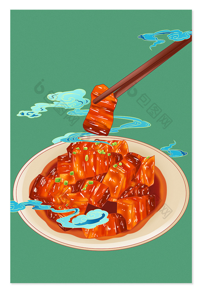 国潮风美食红烧肉夹起来云纹插画