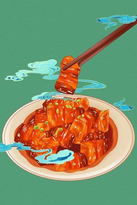 国潮风美食红烧肉夹起来云纹插画