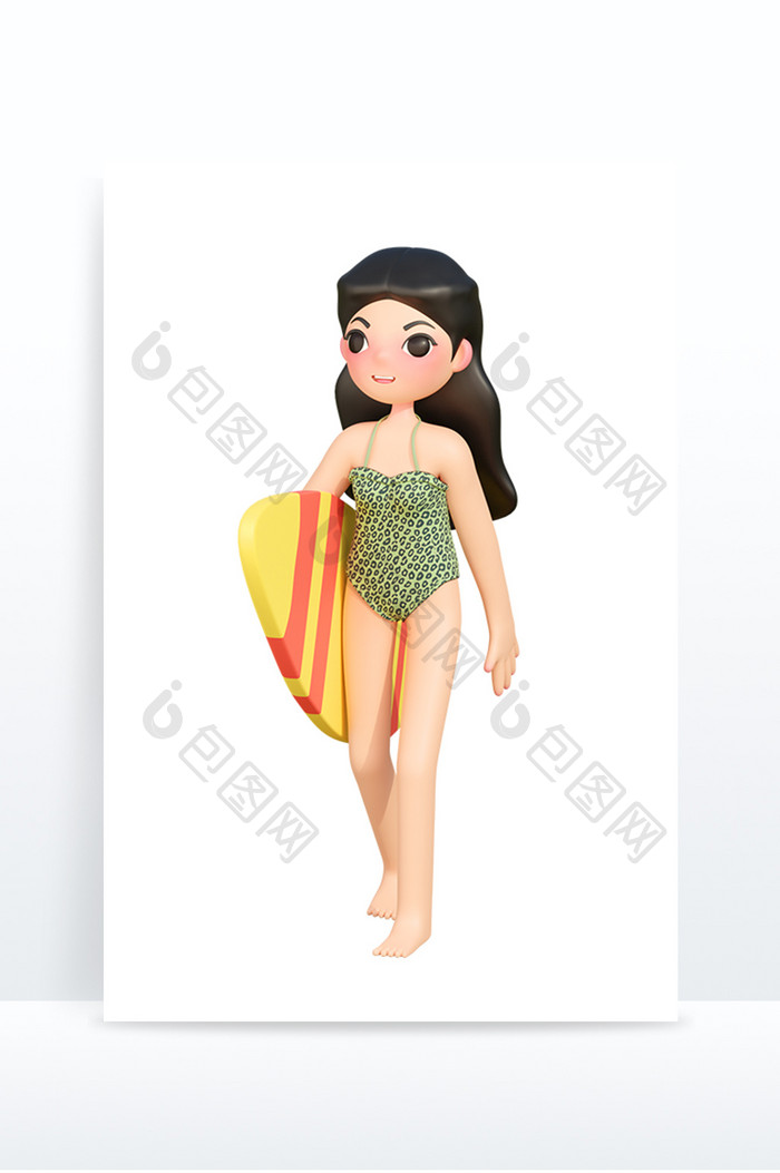 夏季沙滩冲浪板卡通3D人物形象