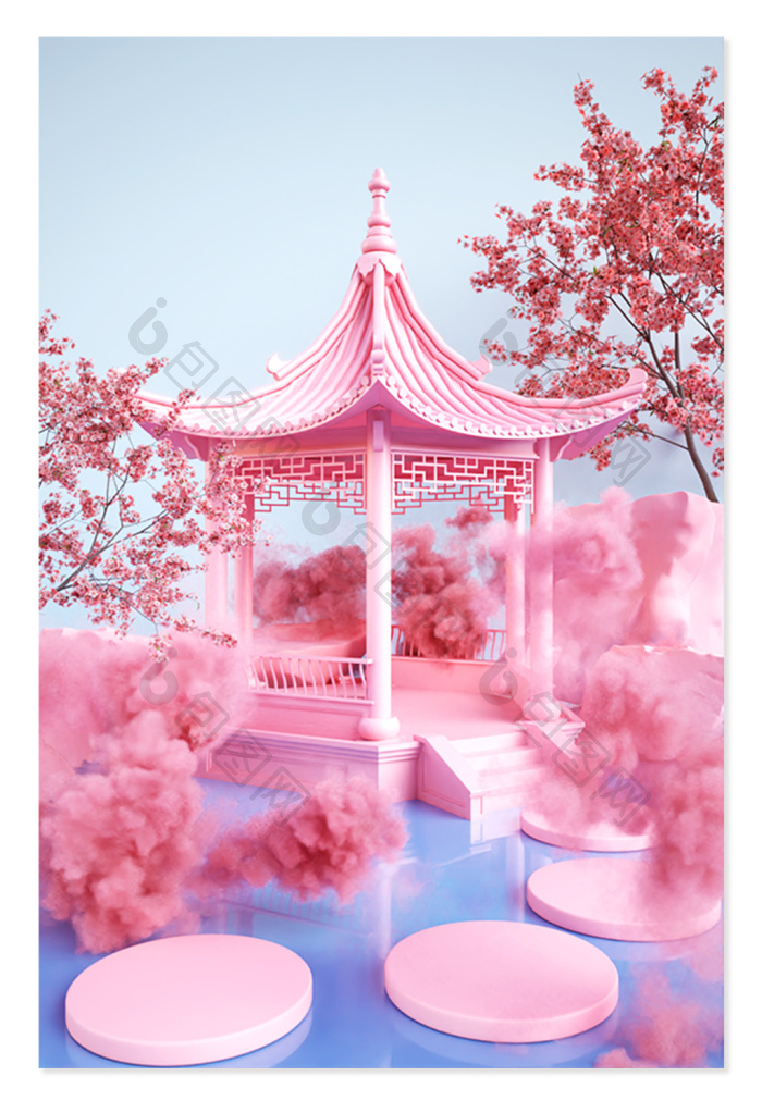 【c4d创意中式古风庭院建筑场景】图片下载-包图网