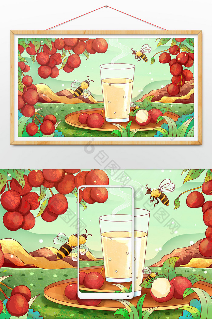 夏至夏季水果荔枝果汁插画图片图片