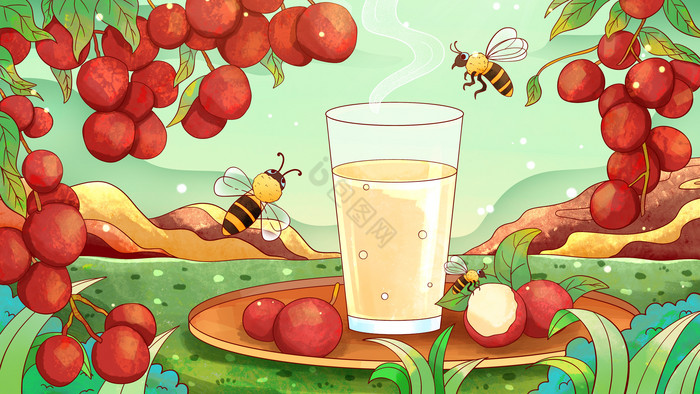 夏至夏季水果荔枝果汁插画图片