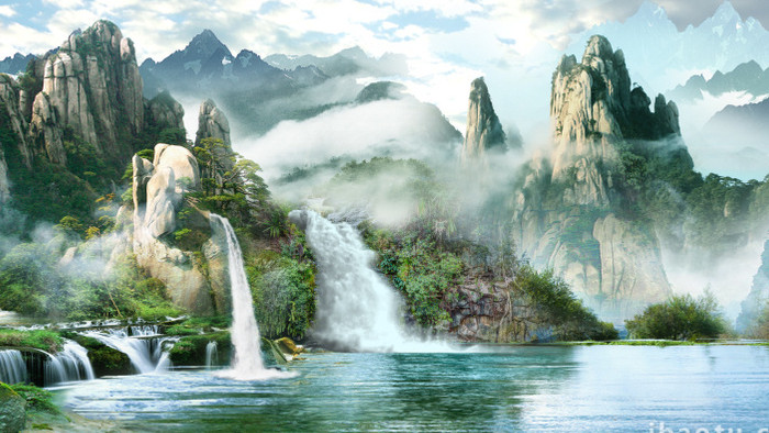中国风山水瀑布背景视频AE模板
