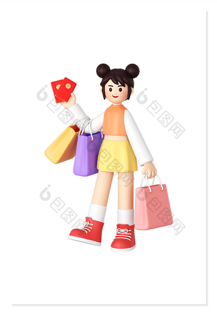 C4D购物人物女孩红包购物袋