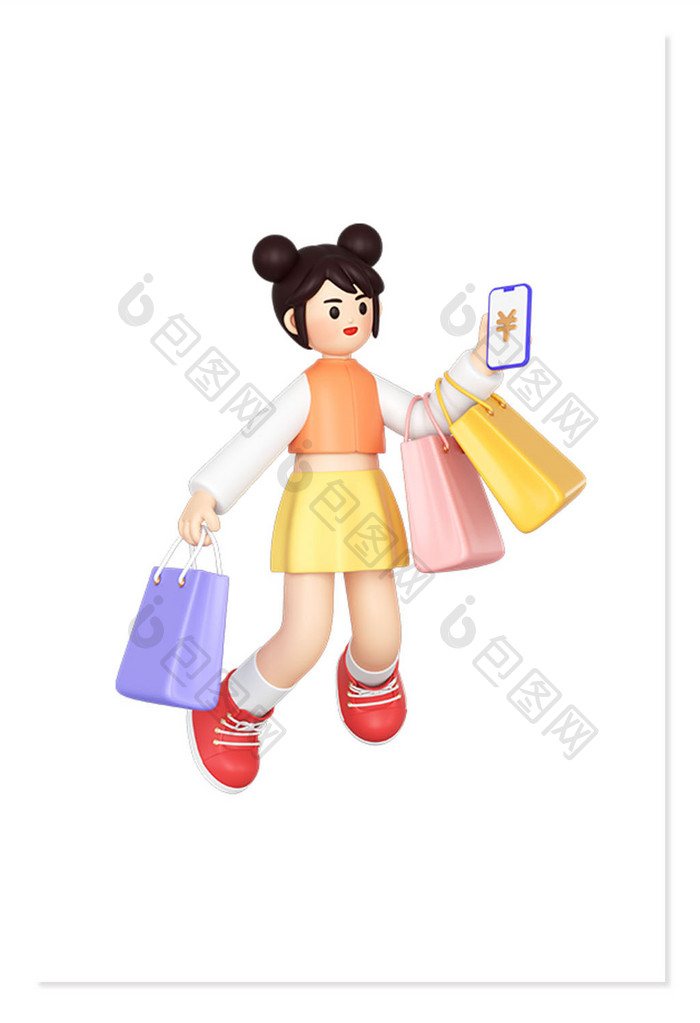 C4D购物人物女孩手机手提袋